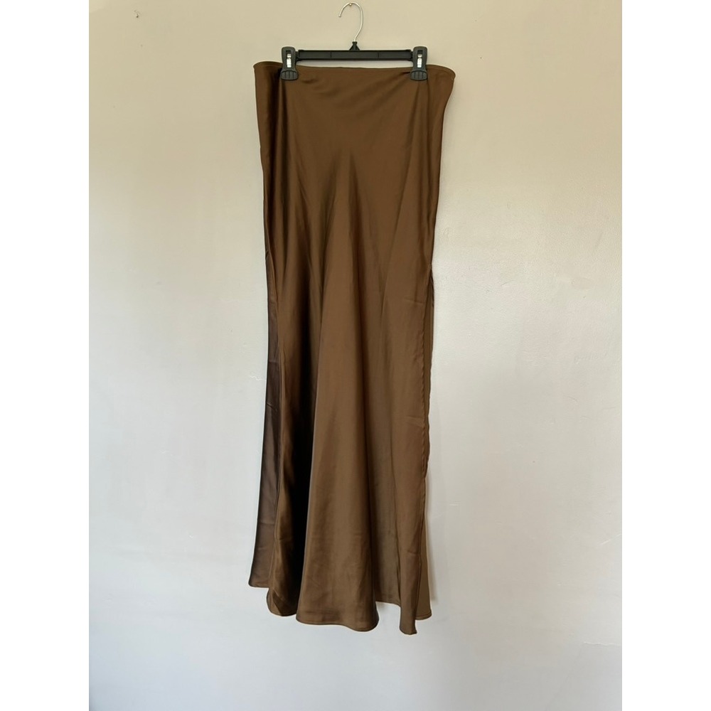 M Brown Satin Bias Slip Skirt 90ยดs Minimalist Quiet Luxury Capsule Clean Earthy